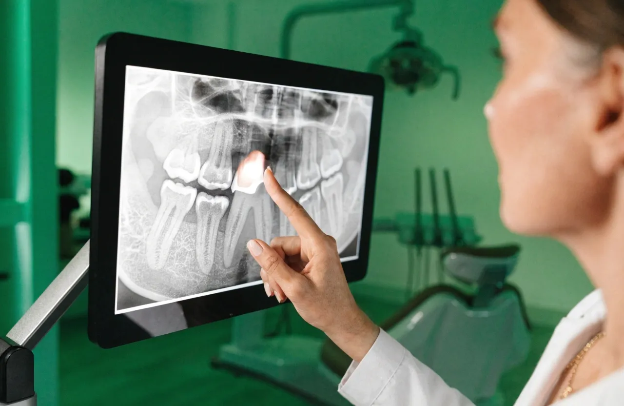Dentista analisando radiografia dental na tela