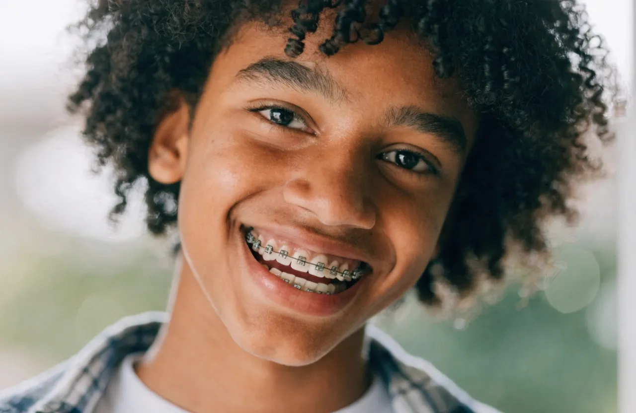 Adolescente sorrindo com aparelho fixo